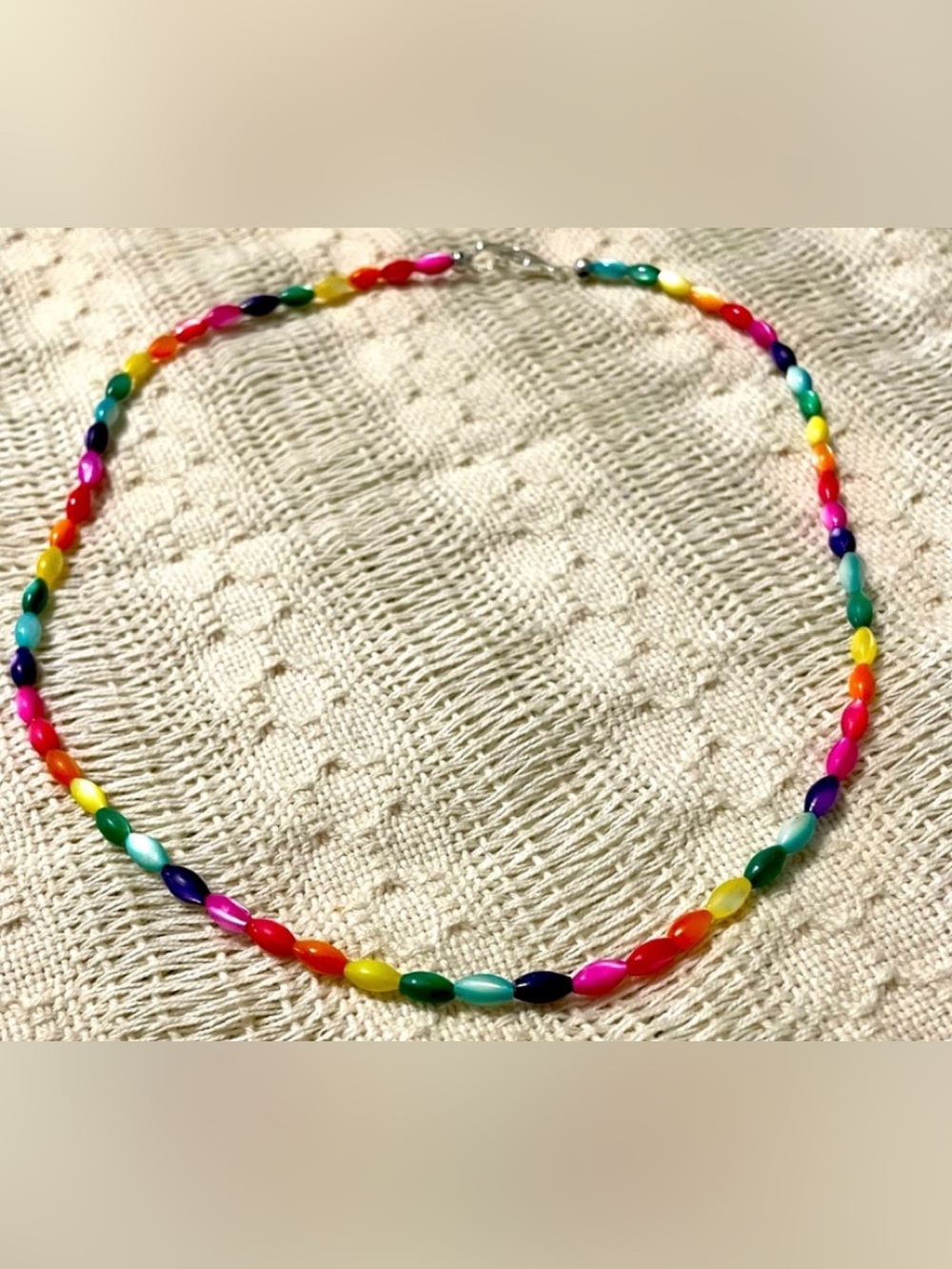 Rainbow Dyed Mother of Pearl Bead Necklace 18” Silver Lobster Clasp Handmade